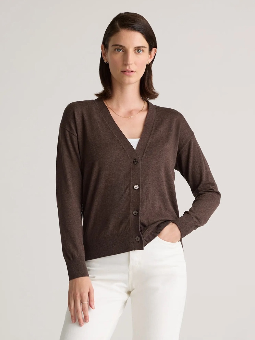 Quince Women's Brown Lightweight V-Neck Button Cardigan